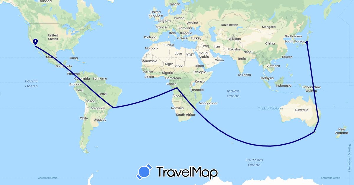 TravelMap itinerary: driving in Australia, Brazil, Democratic Republic of the Congo, Japan, United States (Africa, Asia, North America, Oceania, South America)