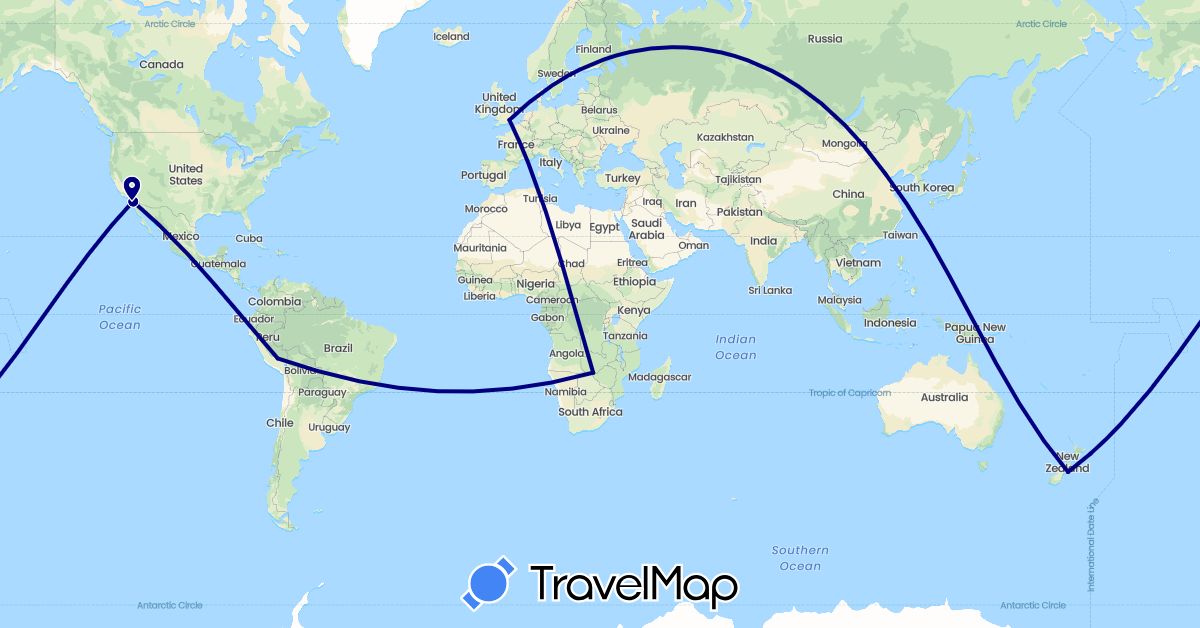 TravelMap itinerary: driving in China, United Kingdom, New Zealand, Peru, United States, Zambia (Africa, Asia, Europe, North America, Oceania, South America)