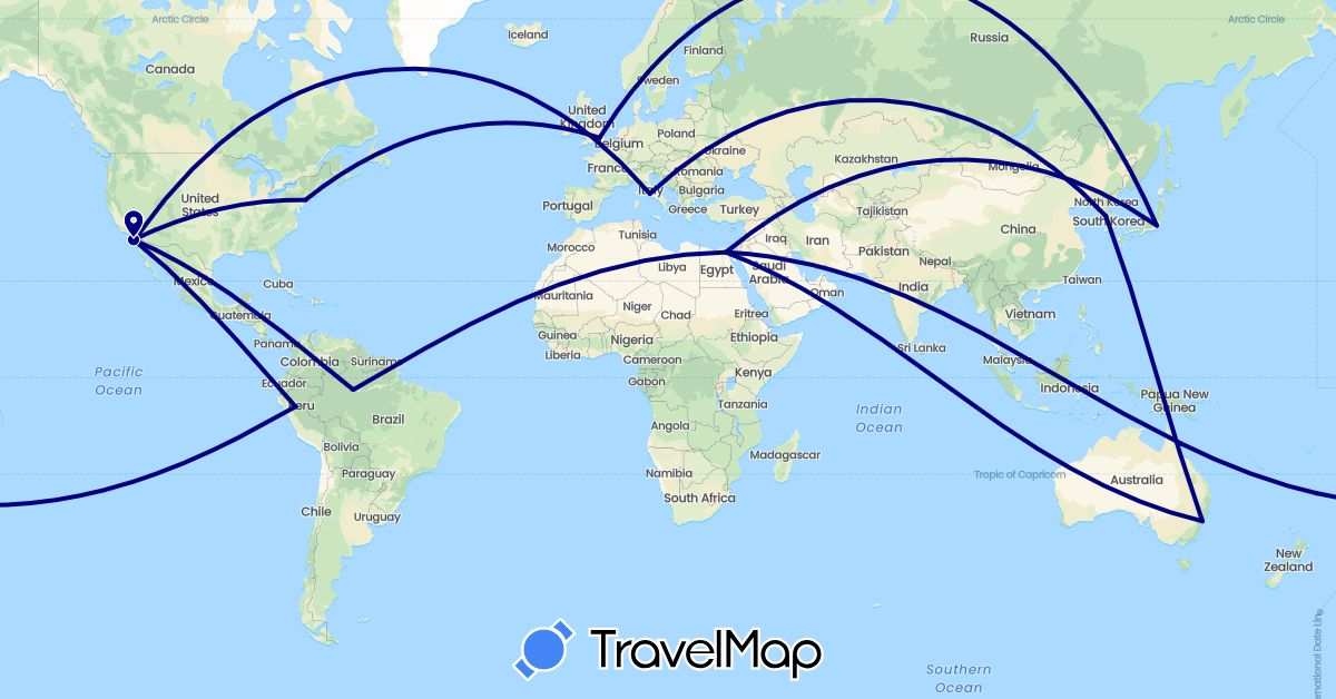 TravelMap itinerary: driving in Australia, Brazil, Egypt, United Kingdom, Italy, Japan, South Korea, Peru, United States (Africa, Asia, Europe, North America, Oceania, South America)